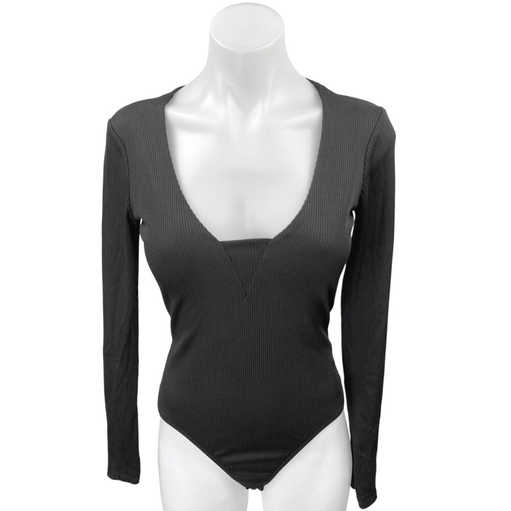 Free People Women's Black Rib Knit Scoop Neck Long Sleeve Bodysuit Top Size S